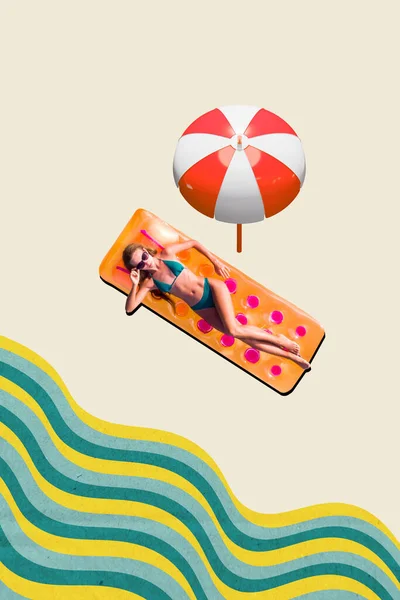 해변에 매력적 친구가 일광욕을 즐기는 콜라주에 그림을 — 스톡 사진