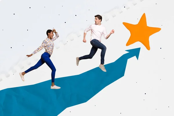Firmenförderung Konzept Collage Von Zwei Kollegen Wettbewerbsleiter Projekt Laufpfeil Direkte — Stockfoto