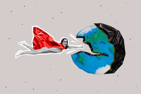 Placard Ekologia Wspierać Kolaż Plastycyny Złamane Ziemi Superkobieta Latające Kopnięcie — Zdjęcie stockowe