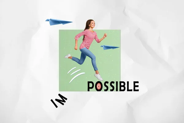 Koláž Obrázek Pozitivní Dívka Běží Létající Papírové Letadla Rozbít Stereotyp — Stock fotografie