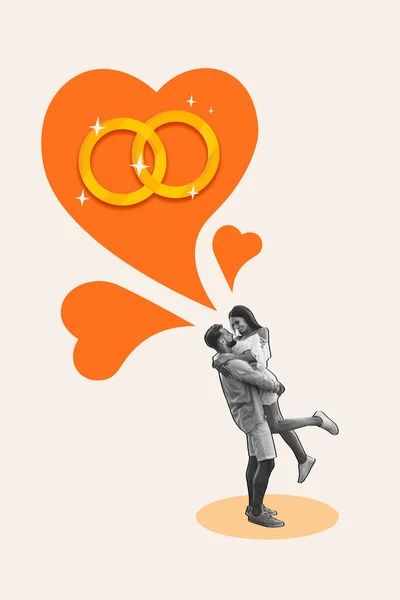快乐微笑的情侣庆祝订婚的创造性复古拼贴 孤立的米色背景 — 图库照片