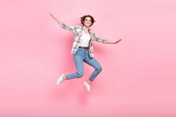 Full Body Photo Lovely Cheerful Lady Jumping Have Good Mood — Stock Photo, Image