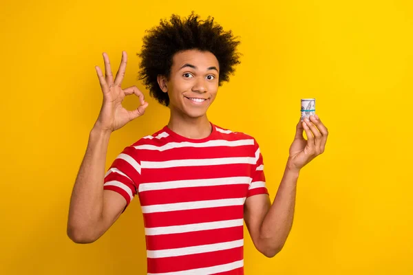 Photo Cool Positive Guy Wear Striped Shirt Showing Okey Showing — Stock Photo, Image