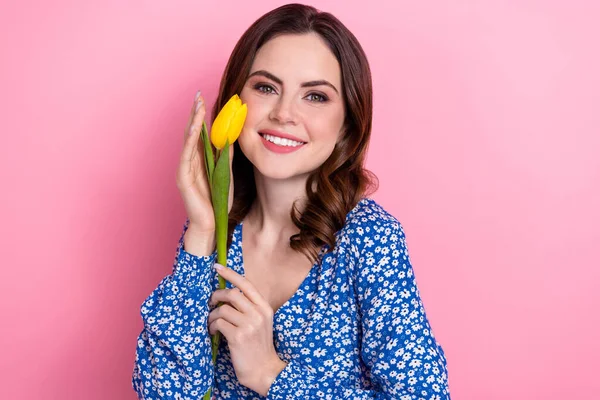 Portrait Gorgeous Cute Person Beaming Smile Hands Hold Yellow Tulip — Stock Photo, Image