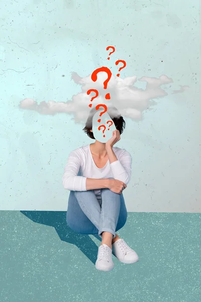 Vertical Collage Image Minded Clueless Girl Question Marks Instead Face — Stock Photo, Image