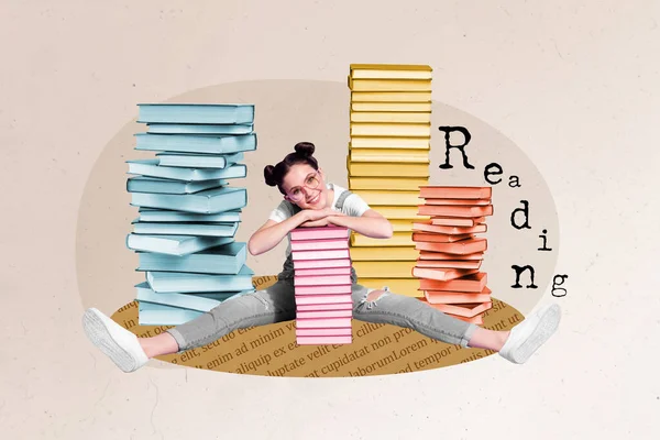 Retrato Collage Compuesto Del Libro Pila Lectura Chica Positiva Preparar — Foto de Stock