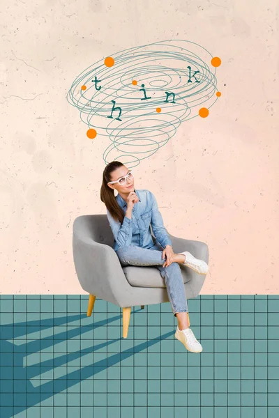 Plantilla Revista Collage Inspirado Dama Trabajador Sentarse Silla Pensando Pensamientos —  Fotos de Stock