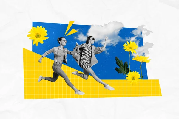 Poster Bandeira Colagem Meninas Felizes Família Correr Rápido Voltar Para — Fotografia de Stock