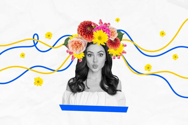 Plakat Banner Collage Der Ukrainischen Dame Traditioneller Kleidung Blumen Kranz — Stockfoto