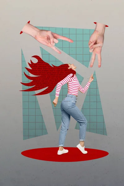 Verticale Collage Illustratie Van Funky Meisje Dansen Rood Haar Woorden — Stockfoto