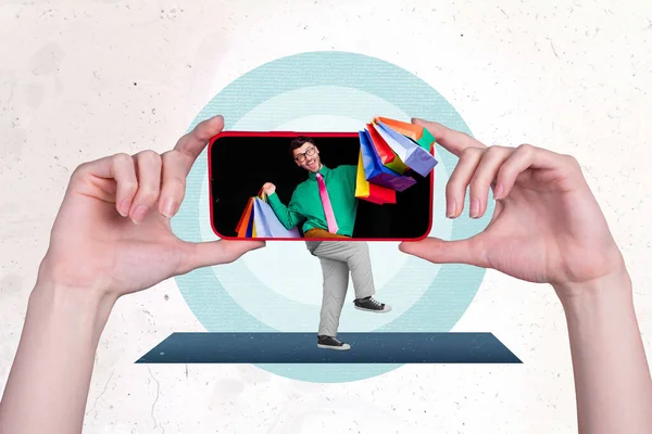ポスター写真アートワークスケッチ携帯電話の画面内のファンキークレイジー男の3Dコラージュは オンラインブティックを宣伝パッケージを保持 — ストック写真