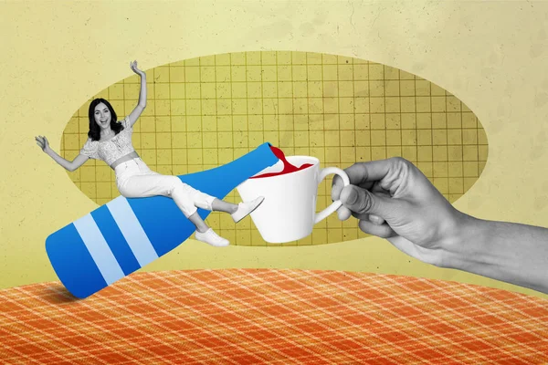 Kreative Collage Illustration Pub Werbung Große Blaue Flasche Gießt Tasse — Stockfoto