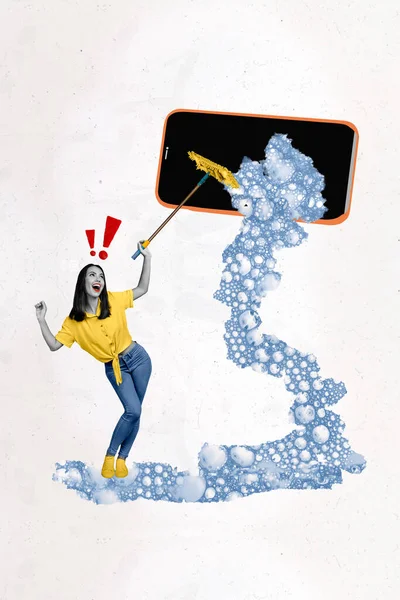 Skizze Kunstwerk Collage Posterbild Von Glücklich Lächelnden Mädchen Halten Schwabber — Stockfoto