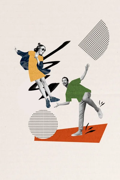 Collage Kunstwerk Grafiken Bild Von Lächelnden Glücklichen Paar Tanzen Spaß — Stockfoto