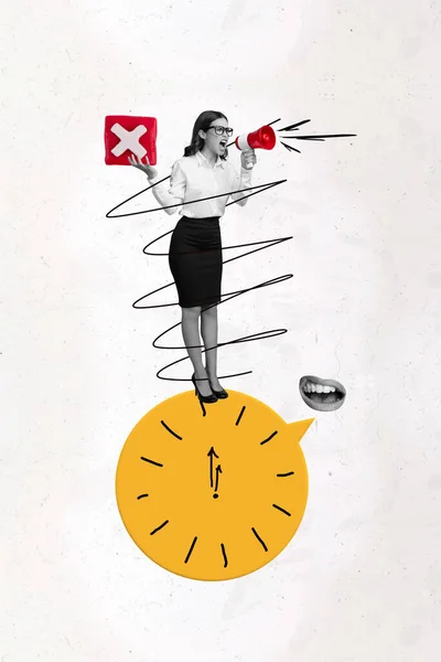 Vertikal Collage Illustration Arg Chef Affärskvinna Hålla Bullhorn Megafon Tidsfrist — Stockfoto