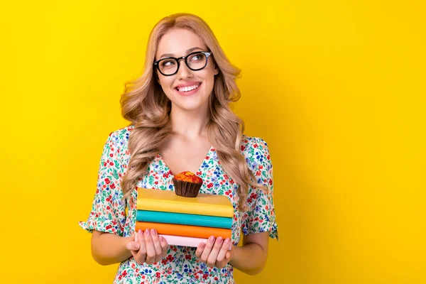 Portrait Positive Smart Cute Lady Wear Trendy Clothes Hold Books — Stock Photo, Image