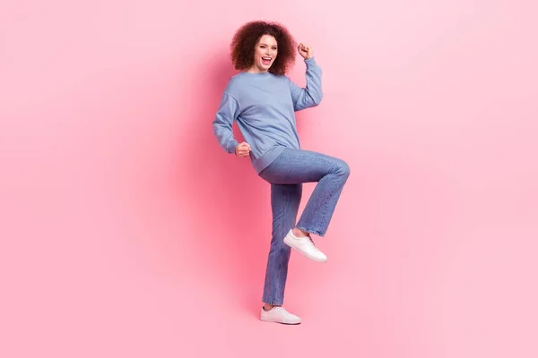 Full Body Cadre Overjoyed Excited Girl Wear Blue Shirt Denim — Stock Photo, Image