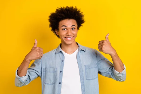 Photo Confident Excited Man Wear Jeans Shirt Showing Two Thumbs — Stock Photo, Image