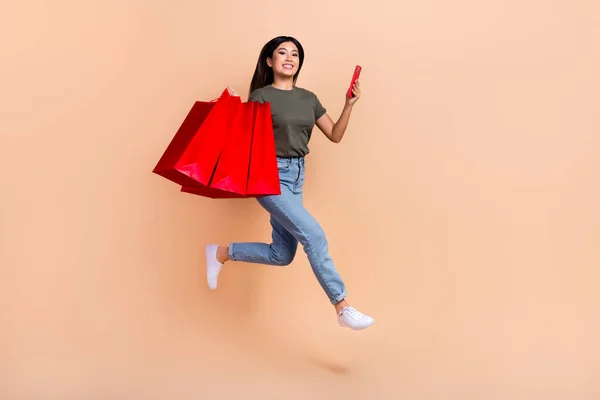 Full Length Size Cadre Shopaholic Funny Girl Run Red Bargains — Stock Photo, Image