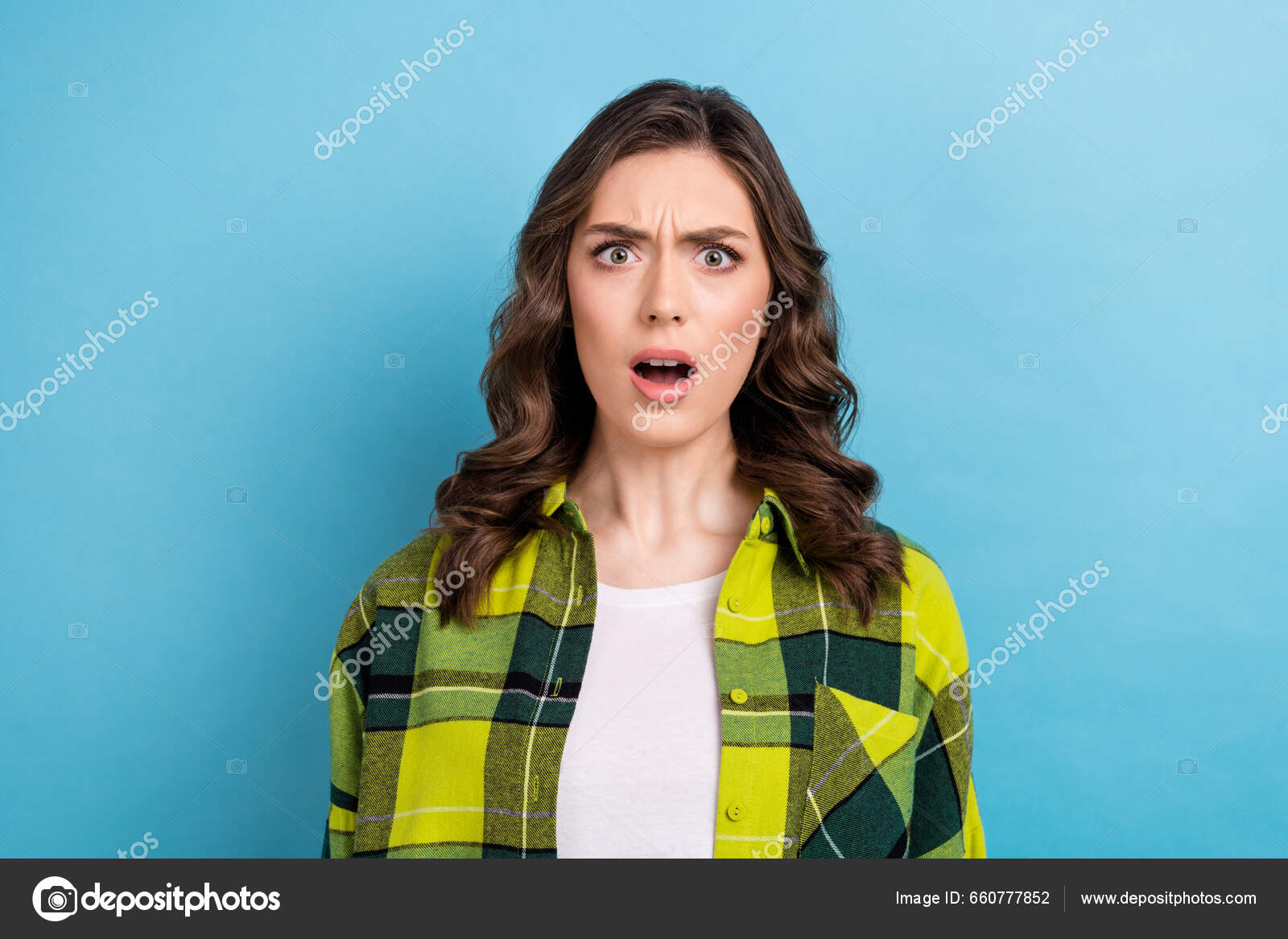 Photo Shocked Crazy Offended Woman Curly Hairdo Dressed Checkered Shirt ...