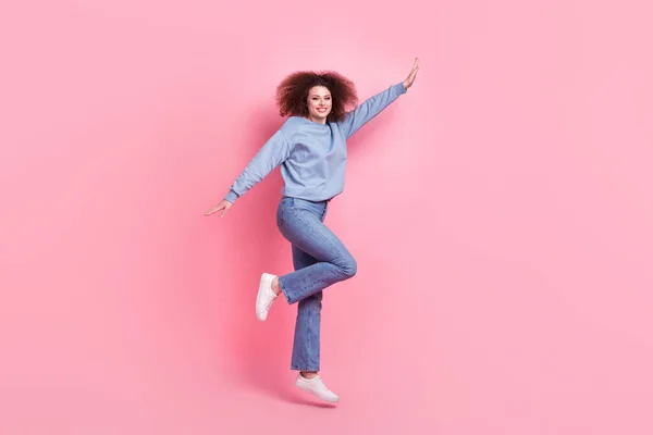 Full Length Photo Carefree Excited Woman Dressed Blue Sweatshirt Jumping — Stock Photo, Image