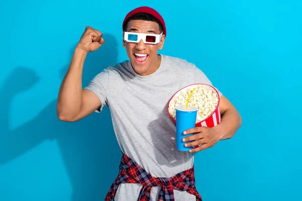 Portrait Crazy Funky Handsome Guy Raise Fist Hold Soda Drink — Stock Photo, Image