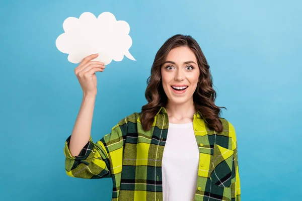 Photo Adorable Excited Lady Wear Checkered Jacket Holding Mind Cloud — Stock Photo, Image