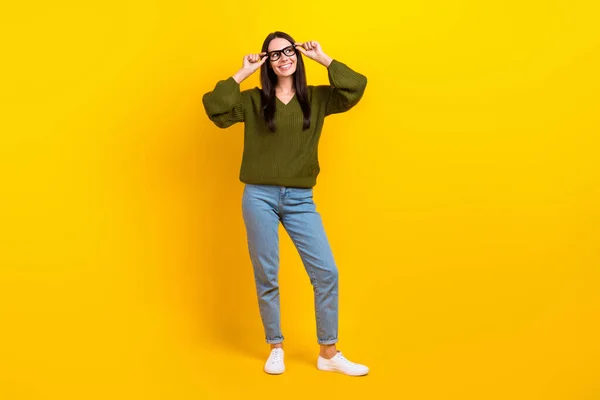 Full Body Photo Positive Minded Lady Hands Touch Eyeglasses Look — Stock Photo, Image