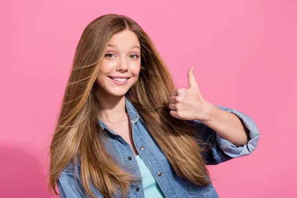 Portrait Positive Candid Girl Wear Stylish Denim Clothes Raise Hand — Stock Photo, Image