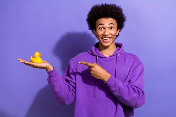 Photo of optimistic impressed guy with afro hairstyle dressed violet hoodie indicating at duck toy isolated on purple color background.