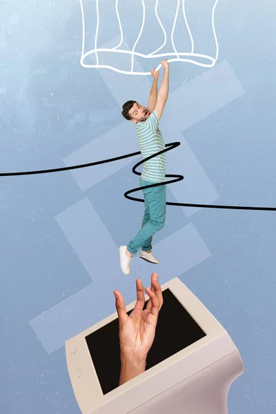 Vertikal Konceptuell Bild Collage Ung Man Som Arbetar Hängande Ränder — Stockfoto