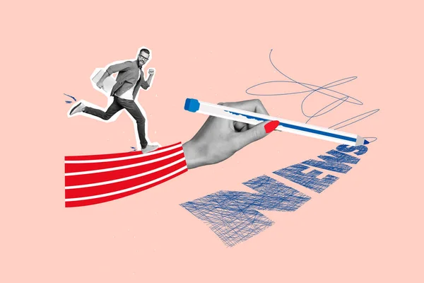Collage Fotos Creativas Del Hombre Corriendo Con Fabricante Noticias Portátil — Foto de Stock