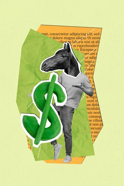Colagem Vertical Cores Brancas Pretas Cara Cavalo Ouvir Grande Dólar — Fotografia de Stock