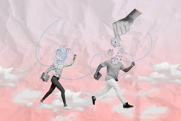 黑白相间的艺术拼贴图像 在纸云天的背景下 用手持花朵代替两个小跑的人的头 — 图库照片