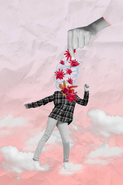 Vertical collage image of black white effect arm fingers hold flowers instead dancing mini person head isolated on paper cloud sky background.
