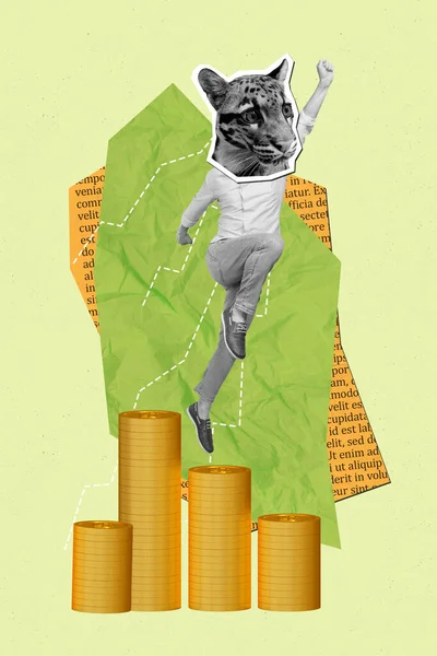 Collage Retro Artwork Purposeful Wild Cat Head Guy Winning Money — Stock Photo, Image