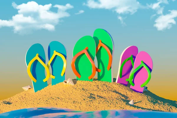 Opera Collage Immagine Diversità Diversi Colori Spiaggia Infradito Scarpe Sabbia — Foto Stock