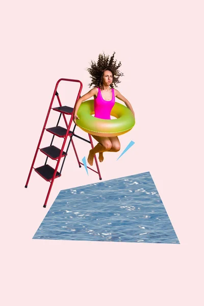 Вертикальне Колажне Зображення Безтурботної Дівчини Піднімається Сходах Стрибає Водою Надувне — стокове фото