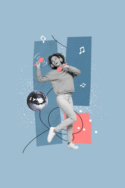 Collage Kreative Anzeigenvorlage Von Spaß Aktive Dame Bewegt Tanz Auf — Stockfoto