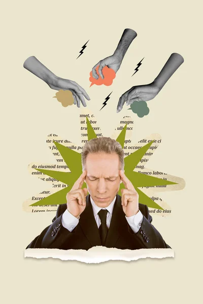 Vertical Creative Composite Photo Collage Minded Clever Man Hold Fingers — Stock Photo, Image