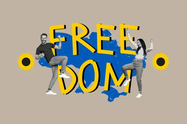 幸せなウクライナの人々のダンスのビルボードテンプレートのコラージュパーティーは ロシアの侵略からウクライナの自由を祝う — ストック写真