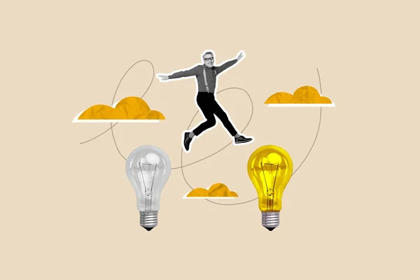Коллаж Плакатов Вдохновлённого Пенсионера Прыгающего Через Лаконичную Лампочку Невероятные Гениальные — стоковое фото