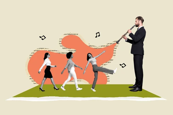 创意概念组合模板拼贴男子长笛演奏的照片邀请人们在米色背景下独立工作 — 图库照片