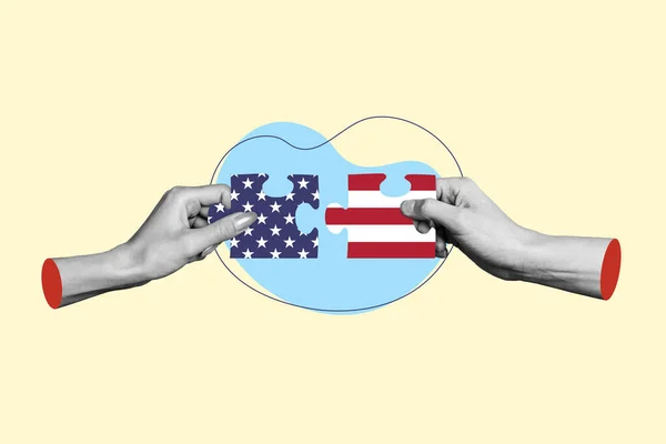 複合デザインコラージュ手はパズルロジックゲームを保持しているピース愛国者はベージュの背景に孤立民主主義の自由Usaを保護します — ストック写真