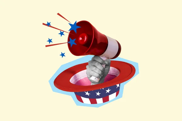Blog Fényképezés Poster Collage Uncle Sam Hat Hand Hold Huge — Stock Fotó