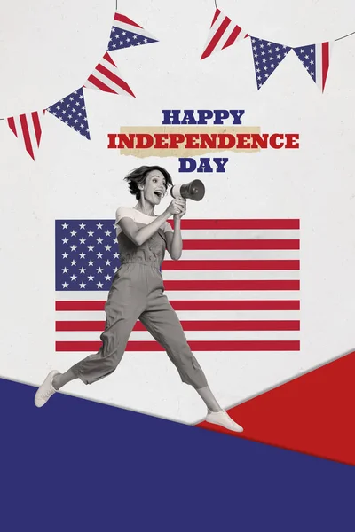 Creative Vertical Collage Funny Usa Citizen Girl Celebrating Holiday Fourth — Stock Photo, Image