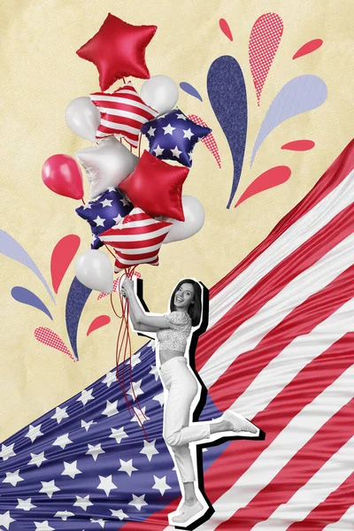 若いかなり女性の垂直写真のコラージュアメリカの国籍は独立記念日を祝う多くの気球の訪問パレードを開催 — ストック写真