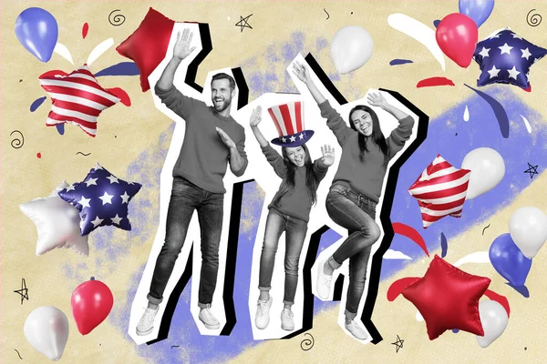 Creative Collage Three Excited Family Members Dancing Celebrate Fourth July — стоковое фото