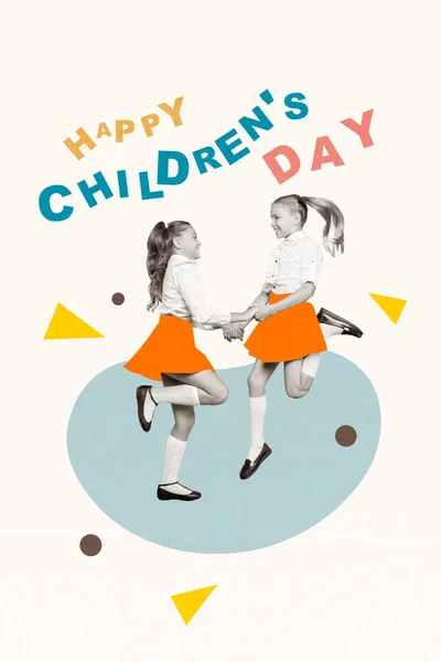 Collage Kunstwerk Grafiken Bild Von Glücklich Lächelnden Freundinnen Feiern Kindertag — Stockfoto