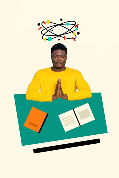 Vertical collage image of calm peaceful guy meditate clear mind opened book desktop isolated on painted white background.